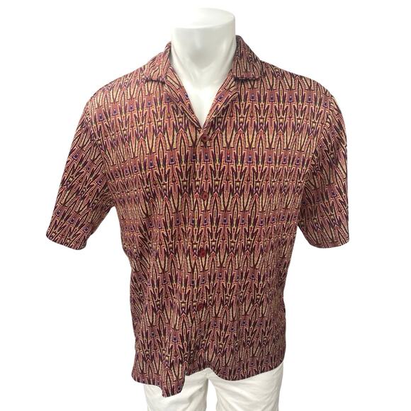 Zara Men's Multicolor Tribal Aztec Short Sleeve Collar Button Down Shirt Top L - Picture 1 of 4